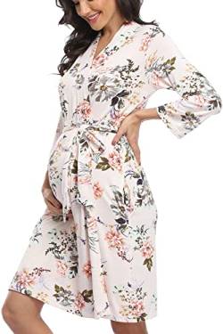 Damen Baumwolle Bademantel Kurz Kimono Bademantel Weiche Nachtwäsche Strick Umstands-Nachthemd Damen Leichte Loungewear, Hellrosa Blumenmuster, X-Large von Laurel Snow