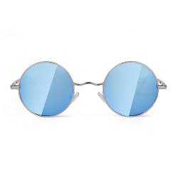 Laurinny 90er Retro Runde Sonnenbrille Damen Herren Klassische Polarisierte Sonnenbrillen Metallrahmen Rund Hippie Brille(Silber Rahmen Blaue Linse) von Laurinny
