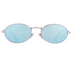 Laurinny Retro Oval Sonnenbrille für Damen Herren 90er Vintage Ovale Hippie Brille für Männer Frauen Metallrahmen Runde Sonnenbrillen(Silber/Blau) von Laurinny