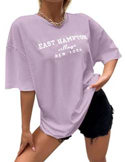 Lauweion Damen-T-Shirt mit Schultern, East Hampton-Buchstaben, Übergröße, Grafik, Baggy, trendiges T-Shirt, Violett, Klein von Lauweion