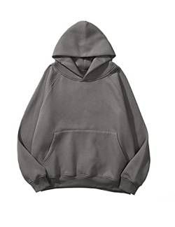 Lauweion Frauen Solide Basic Fleece Brief Lose Hoodie Sweatshirt Langarm Kängurutasche Drop Schulter Pullover Top, grau dunkel, L von Lauweion