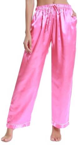 Lavenderi Damen Seidensatin Pyjamahose Lange Schlafhose mit Kordelzug, Pink, X-Large von Lavenderi