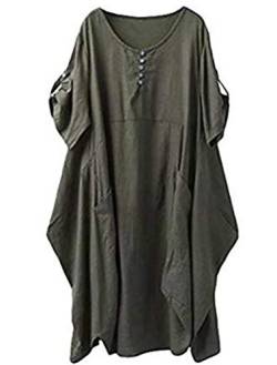 Lavnis Damen Leinen T-Shirt Tunika Kleid Rundhals Kurzarm Midi Kleid, L, Armeegrün von Lavnis