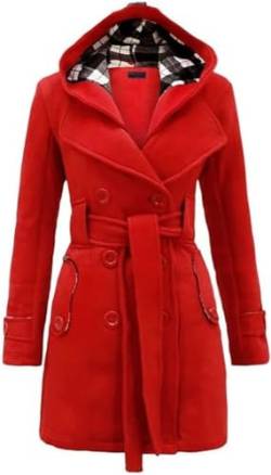 Lawawa Damen Mantel Lang Wintermantel Warme Kapuze Zweireihige Revers Winterjacke Trenchcoat Outwear mit Kapuze Übergangsmantel Winter Elegant Outdoorjacke von Lawawa