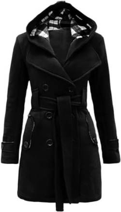 Lawawa Damen Mantel Lang Wintermantel Warme Kapuze Zweireihige Revers Winterjacke Trenchcoat Outwear mit Kapuze Übergangsmantel Winter Elegant Outdoorjacke von Lawawa