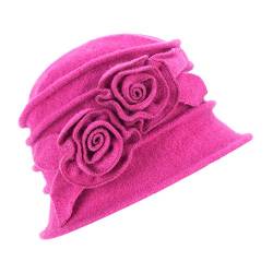1920er Jahre Gatsby Damen Mütze mit Blumenwolle, warme Beanie mit Schleife, knautschbar, A287, hot pink, Einheitsgröße von Lawliet
