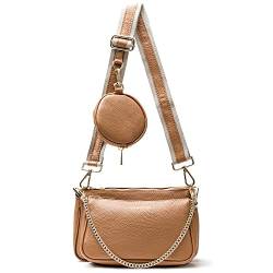 Lazarotti Damen Umhängetasche Milano - braun - Crossbody Bag breiter Gurt echtes Leder - Taschenset goldene Details von Lazarotti