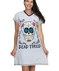 Lazy One Damen-Nachthemd, lustiges Schlafshirt mit V-Ausschnitt, für Damen, Pyjama-Shirts, Dead Tired Sugar Skull Nachthemd, Large-X-Large von Lazy One