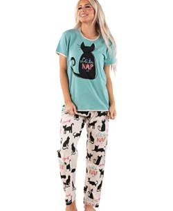 Lazy One Damen Pyjama Set Kurzarm mit niedlichen Prints Relaxed Fit, Schlafanzug-Set mit Katzenmotiv, Blau, L von Lazy One