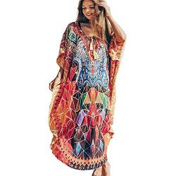 Lazz1on Damen Kaftan Strandkleid Pareo Blumendruck Kimono Maxi Langes Kleid Tunika Ethnischer Maxikleid Bikini Coverups von Lazz1on