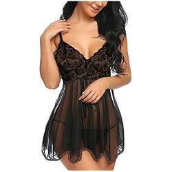 Lazzboy Baby Dolls & Negligees Für Damen Negligee Nachtwäsche Nachtkleid Nachthemd Spitze Lingerie Dessous Reizwäsche Set Sleepwear Kleid Frauen Lace Tanga Backless Pyjamas (Schwarz,3XL) von Lazzboy Store