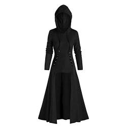 Lazzboy Karneval Kostüm Damen Gothic Kleidung Vintage Retro Kleid Mit Kapuze Langarm Zip Bandage Mittelalter Lange Mantel Festival Party Frauen Umhang Tops Tasche (Schwarz,2XL) von Lazzboy Store