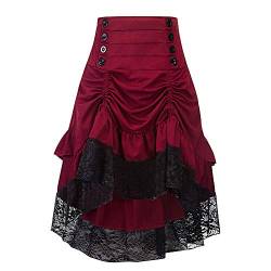 Lazzboy Rock Damen Kurz Gothic Frauen Spitze Nähen Reißverschluss Unregelmäßige Retro Frauenrock High Taille Minirock Patchwork Mesh Garn Blumenkleid Nacht Clubwear (Rot,2XL) von Lazzboy Store