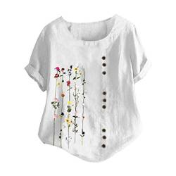 Lazzboy Store Bluse Damen Sommer Herbst übergröße Print Tshirts Loose Rundhals Oberteile Plus Size Frauen Bohemian Floral Besticktes Hemd Kurzarm Top(Weiß,4XL) von Lazzboy Store