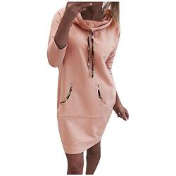 Lazzboy Store Herbstkleid Damen Frauen Hoodie Langarm Lang Solid Color Jumper Pullover Sweatshirt Hooded Dress Bodycon Kapuzenpullover Tunika Longshirt Kleider (Rosa,2XL) von Lazzboy Store