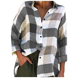 Lazzboy Store Langarmshirt Damen Kariert V-Ausschnitt Frauen Loose Check Print Bluse Mit Langen ärmeln Kariertes Hemd Oberteile Gestreift Tops (Grau,5XL) von Lazzboy Store