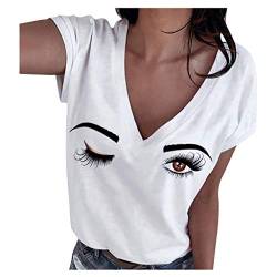 Lazzboy Store Lippen Wimper Drucken Locker T-Shirt Damen Weich Sommer Shirt Schöne Top Hemd Frauen Kurzarm Mit Tiefem V-Ausschnitt Augen Grafik(Weiß,S) von Lazzboy Store