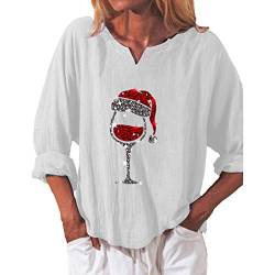 Lazzboy Store Oberteile Frauen Weihnachten Weinglas Lose Langarm V-Ausschnitt T-Shirt Bluse Tops Langarmshirt Sweatshirt Pullover S-5XL (Weiß,5XL) von Lazzboy Store
