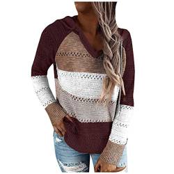 Lazzboy Store Pullover Damen Strickpullover Bluse V Auschnitt Patchwork Oberteile T-Shirts Sweater Für Herbst, Winter S-3xl Frauen V-Ausschnitt Langarm Kapuzenpullover Tops(Wein,3XL) von Lazzboy Store