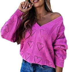 Lazzboy Store Pullover Frauen Stricken V-Ausschnitt Aushöhlung Tops Bloues T-Shirt Schulterfrei Oberteile Damen Herbst Winter Off Shoulder Pulli Für Loose Fit Mit Blumenmuster (Pink，L) von Lazzboy Store