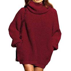 Lazzboy Store Rollkragenpullover Frauen Langarm Einfarbigen Winterpullover Damen Oversize Grobstrick Pulloverkleid Mit Rollkragen Rollkragenpulli Strickpulli Pulli (Rot,M) von Lazzboy Store