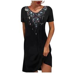 Lazzboy Store Sommerkleid Damen Etuikleid Kurzes Minikleid Schwarz Kurzarm Blumendruck Sommer Rundhals Lässig Casual T-Shirt Kleid Swing Kleider Knielang Elegant Strandkleid (Schwarz,XXL) von Lazzboy Store