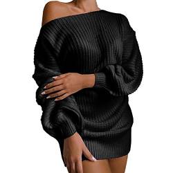 Lazzboy Store Strickkleider Für Damen Pulloverkleid Frauen Sexy Solid Lantern Sleeve Off Shoulder Langarm Sweater Dress Schulterfrei Strickkleid Oberteile Kleid Lang Kleider (Schwarz,XL) von Lazzboy Store