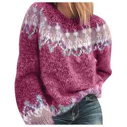 Lazzboy Store Strickpullover Für Damen O-Ausschnitt Langarm Ethnischer Druck Patchwork Gestrickter Warmer Pullover Pulli Damen Oversize Strickpulli Winterpullover Sweatshirt (Pink,3XL) von Lazzboy Store