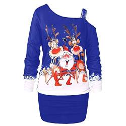 Lazzboy Store Weihnachtskleid Kleid Herbst Damen Elchdruck Frauen Lecken Schulter Weihnachtsdruck Partykleid Pailletten Weihnachten Jumperkleid Minikleid (Blau,5XL) von Lazzboy Store