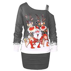 Lazzboy Store Weihnachtskleid Kleid Herbst Damen Elchdruck Frauen Lecken Schulter Weihnachtsdruck Partykleid Pailletten Weihnachten Jumperkleid Minikleid (Grau,S) von Lazzboy Store