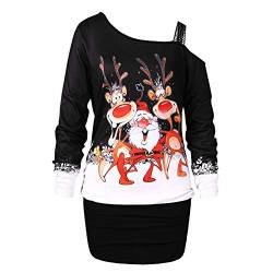 Lazzboy Store Weihnachtskleid Kleid Herbst Damen Elchdruck Frauen Lecken Schulter Weihnachtsdruck Partykleid Pailletten Weihnachten Jumperkleid Minikleid (Schwarz,M) von Lazzboy Store