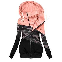 Lazzboy Winterjacke Frauen Winter Camouflage Spleißen Prints Jacke Reißverschluss Sweatshirt Langarm Mantel Sweatjacke Damen Lang Herbst Hoodie Mit Kapuze Rollkragen (Rosa,L) von Lazzboy Store