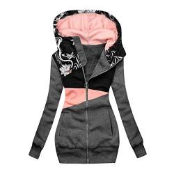 Lazzboy Winterjacke Frauen Winter Camouflage Spleißen Prints Jacke Reißverschluss Sweatshirt Langarm Mantel Sweatjacke Damen Lang Herbst Hoodie Mit Kapuze Rollkragen (U-Grau,4XL) von Lazzboy Store