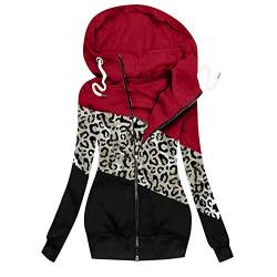 Lazzboy Winterjacke Frauen Winter Leopard Prints Patchwork Jacke Reißverschluss Sweatshirt Langarm Mantel Hoodie Damen Oversize Sweatjacke Hoher Kragen S-3XL (Rot,M) von Lazzboy Store