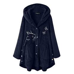 Lazzboy Wintermantel Frauen Bedruckte Knopf Katze und Schmetterling Kapuze Lose Strickjacke Winterjacke Damen Mantel Plüschjacke Warm Cardigan Jacke Kapuzenjacke Mit Taschen (Marine,5XL) von Lazzboy Store