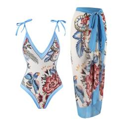 Lazzboy Badeanzug Damen Sexy Sarong Tuch Zweiteilig V-Ausschnitt Monokini Elegant Blumen Gedruckt Badeanzugkleid Schwimmrock Set Sport Schwimmanzug S-XL (Blau,M) von Lazzboy