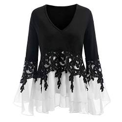 Lazzboy Bluse Frauen Plus Size Raum Tie-dye Flare ärmel Chiffon Verband Cardigan Tops Glocken Verkürzte Mit Spitzenbluse Damen T-Shirt Basic(Schwarz,5XL) von Lazzboy