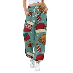 Lazzboy Cargohose Damen Baggy Weihnachtsdruck Weihnachten Sporthose Jogginghose Laufhosen Gummibund Sweathose Mit Taschen Stoffhose High Waist Bequeme Lockere Freizeithose (Hellblau,3XL) von Lazzboy