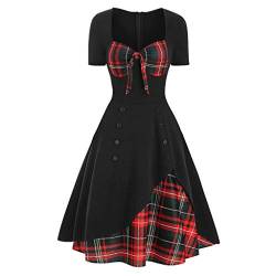 Lazzboy Cocktailkleid Frauen Kurzarm Plaid Panel Fliege Vintage Rockabilly Style A Line Kleid 1950er Retro V-Ausschnitt Faltenrock(Schwarz,L) von Lazzboy