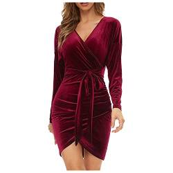 Lazzboy Damen Kleider Elegant Wickel V-Ausschnitt Langarm Samt Hüfte Cocktail Partykleid Abendkleid Bodycon Samtkleid Cocktailkleid Wickelkleid Für Hochzeitsgäste Knielang (Wein,XXXL) von Lazzboy