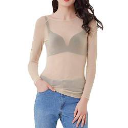 Lazzboy Damen Langarm Pullover, Frauen Langarm Shirt Transparent Tüll Mesh Bluse Body T-Shirt Tunika Tops Schwarz(Khaki,S) von Lazzboy