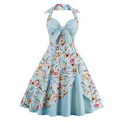 Lazzboy Damen Vintage Polka Neckholder Kleid Floral Sping Retro Cocktailkleid Rockabilly 50er Petticoat Faltenrock 1950er Kleider Cocktail Festliche(Hellblau-Blume,4XL) von Lazzboy