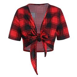 Lazzboy Damenmode Kurzarm Plaid Bogen Knoten Verband T Shirt Lässige Top Bluse Damen V-Ausschnitt Kariert ärmel Reißverschluss Tunika Longshirt Hemd Tops T-Shirt(Rot,S) von Lazzboy