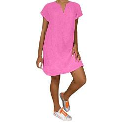 Lazzboy Damenmode Lose Freizeit V-kragen Kurzarm Damen Leinenkleid Sommer V-ausschnitt Kleid Boho Sommerkleid Leinen Kleider Strandkleider A-linie(Rosa,5XL) von Lazzboy