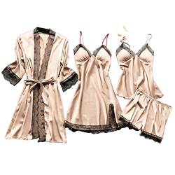 Lazzboy Dessous Frauen Silk Lace Babydoll Nachtwäsche Nachthemd Pyjamas Set Kimono Damen Morgenmantel Satin Bademantel Seide Roben V Ausschnitt Mit Blumenspitze(Beige,M) von Lazzboy