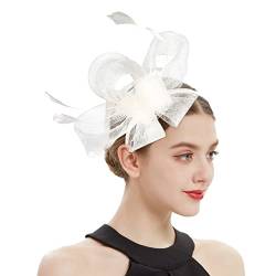 Lazzboy Fascinator Damen Karneval Hut Blume Mesh Bänder Federn Auf Einem Stirnband Und Geteilten Clip Kopfschmuck Haarschmuck Für Party Kirche Hochzeit Cocktail Club Braut (Weiß) von Lazzboy