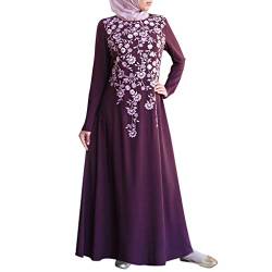 Lazzboy Frauen Muslim Abaya Kleid Blumenmuster Vintage Kaftan Maxikleider Muslimische Langarm Stickerei Knöchellang Tunika Dubai Damen Abendkleid Hochzeit Maxikleid(Lila,5XL) von Lazzboy