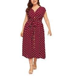 Lazzboy Frauen Plus Size V-Ausschnitt ärmellose Polka Dot Printed Button Belt Dress Damen Kleider V Ausschnitt Punkte Sommerkleid Rüschen Kurzarm Minikleid Strandkleid Gürtel(Rot,2XL) von Lazzboy