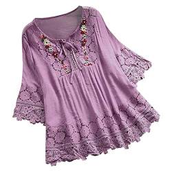 Lazzboy Frauen Weinlese Spitze Patchwork Bogen V-Ausschnitt DREI Viertel Blusen Top T-Shirt Damen Bohemian Stickerei Floral Tunika Shirt Bluse(Violett,4XL) von Lazzboy