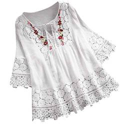 Lazzboy Frauen Weinlese Spitze Patchwork Bogen V-Ausschnitt DREI Viertel Blusen Top T-Shirt Damen Bohemian Stickerei Floral Tunika Shirt Bluse(Weiß,4XL) von Lazzboy